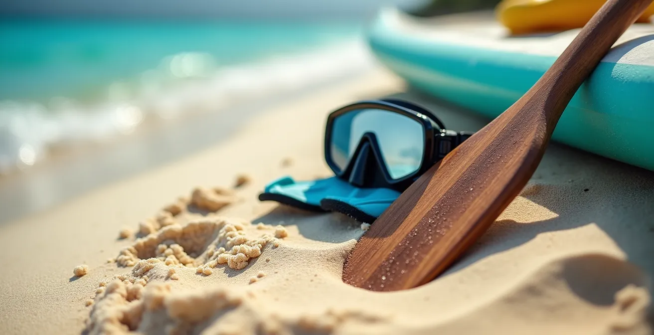 Plage déserte d'une île privée aux Seychelles avec kayaks et équipements nautiques