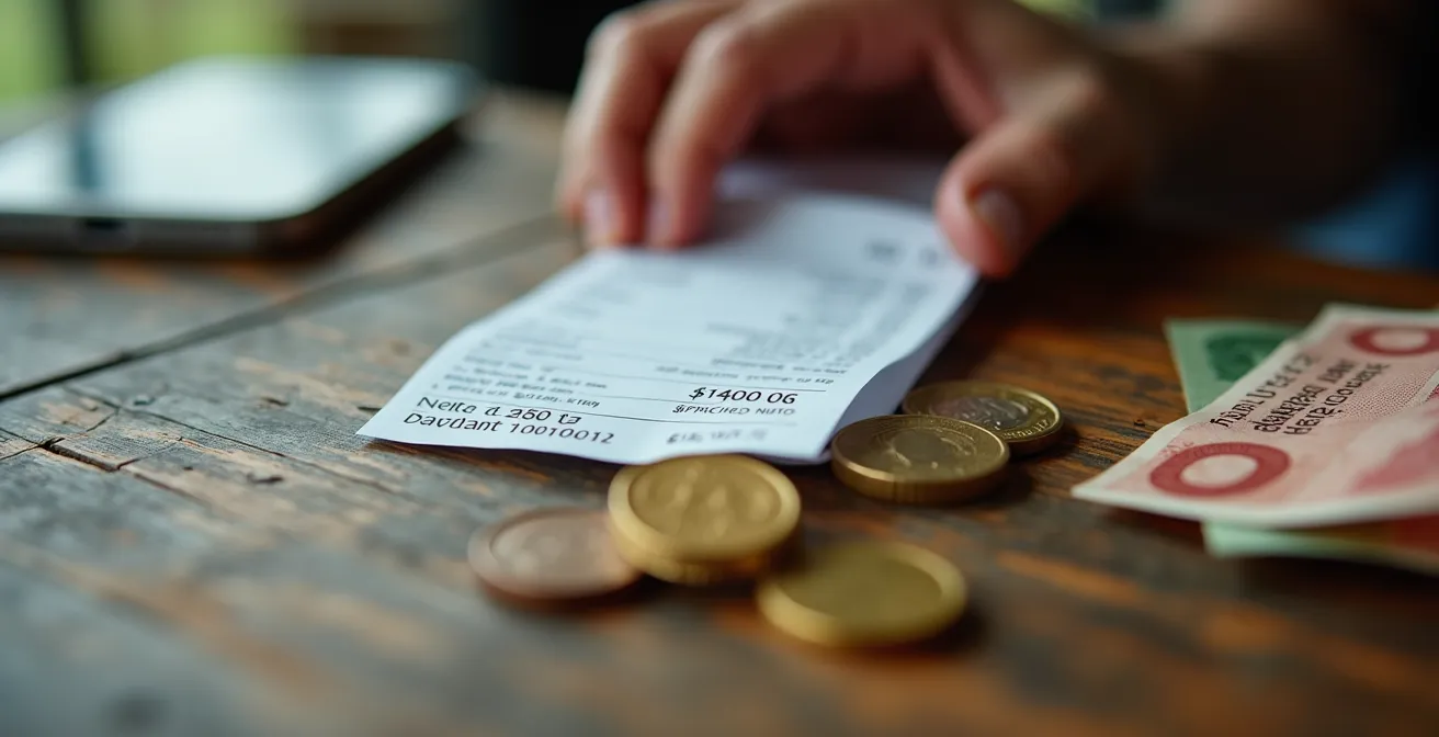 Main tenant une addition de restaurant avec détails des frais aux Seychelles