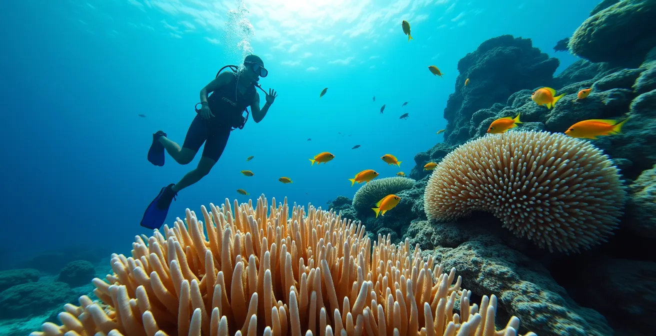 Récif corallien pristine d'Aldabra avec poissons tropicaux colorés