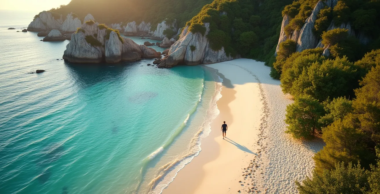 Vue aérienne d'Anse Lazio avec ses rochers de granit et ses eaux turquoise cristallines