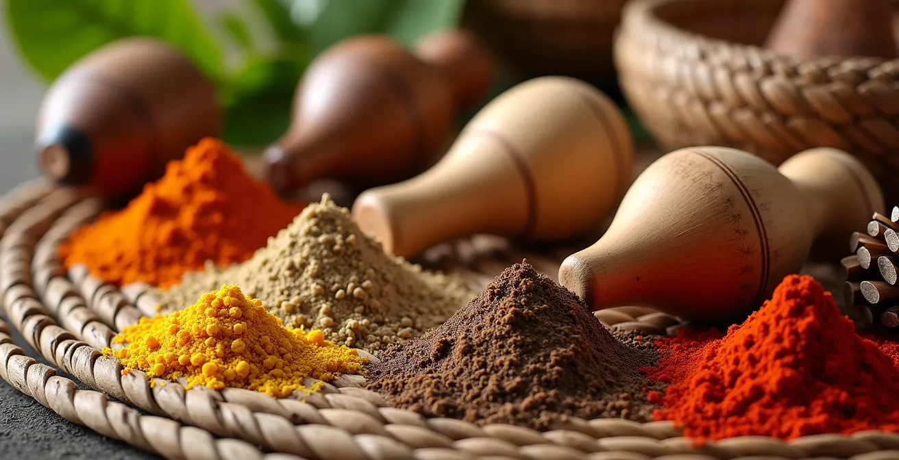 Étalage coloré d'artisanat seychellois avec paniers tressés, épices et objets en bois local