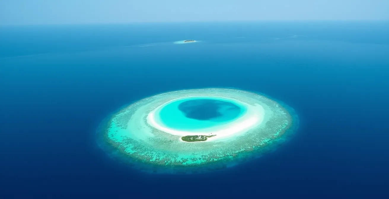 Vue aérienne de l'atoll d'Aldabra montrant son isolement dans l'océan Indien