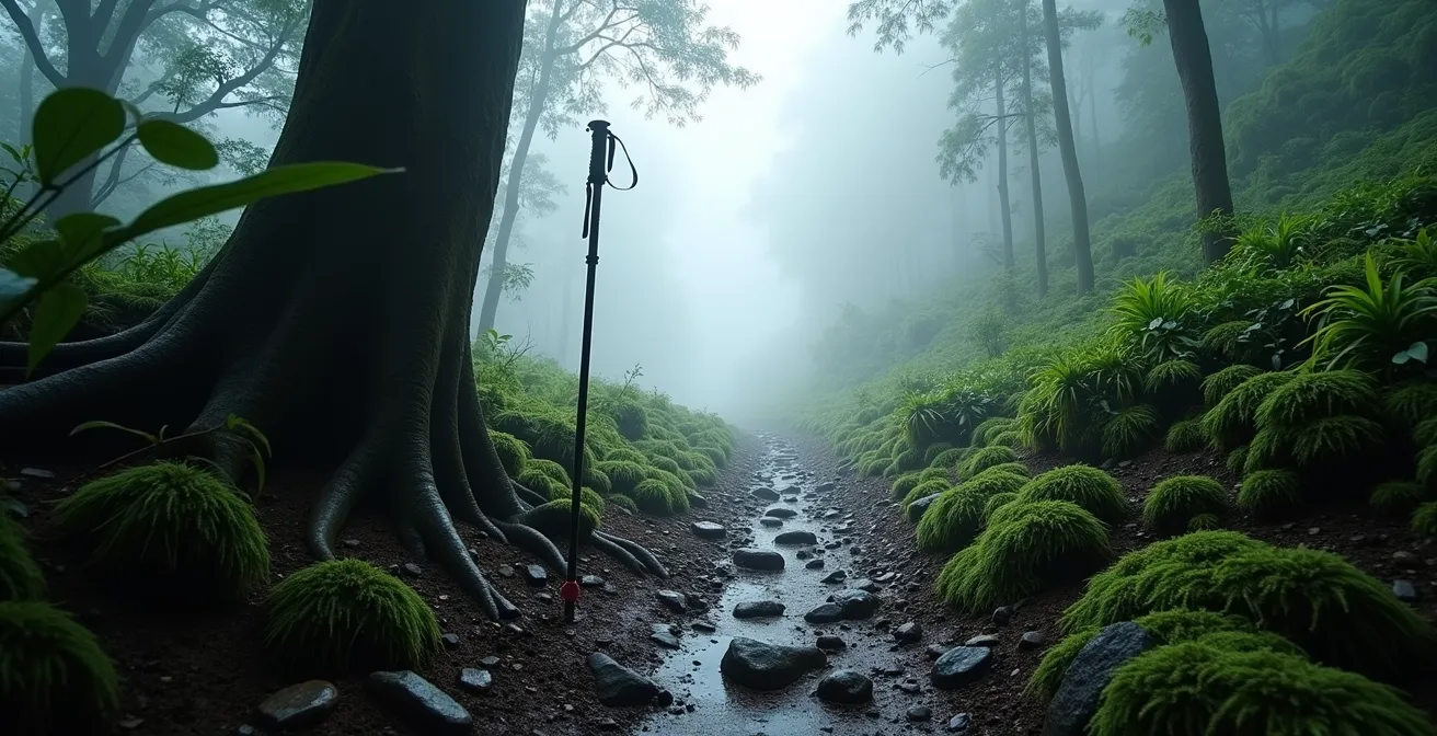 Sentier de montagne tropical disparaissant dans une brume épaisse avec végétation humide
