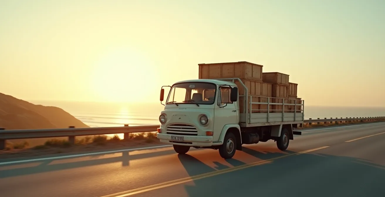 Petit camion de livraison sur une route côtière déserte au lever du soleil, transportant des caisses de provisions