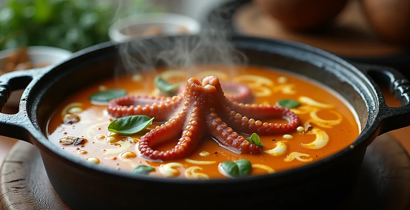 Cari de poulpe seychellois mijotant dans une marmite traditionnelle avec lait de coco et épices