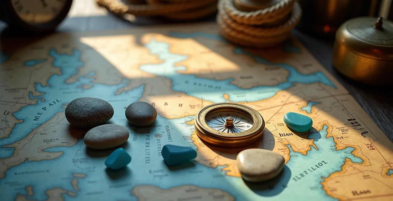 Vue aérienne des trois îles principales des Seychelles avec tracés de navigation