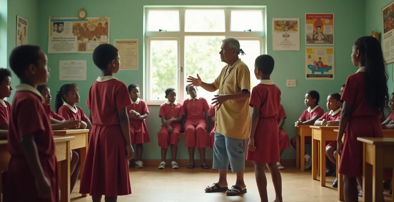 Jeunes Seychellois apprenant le Moutya lors d'un atelier culturel moderne