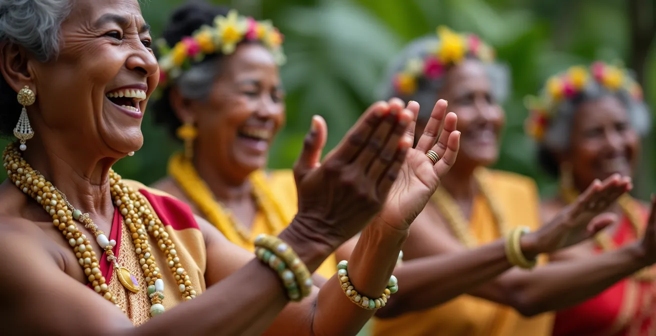 Danse traditionnelle Kanmtole lors d'un mariage seychellois avec musiciens et danseurs en costumes traditionnels