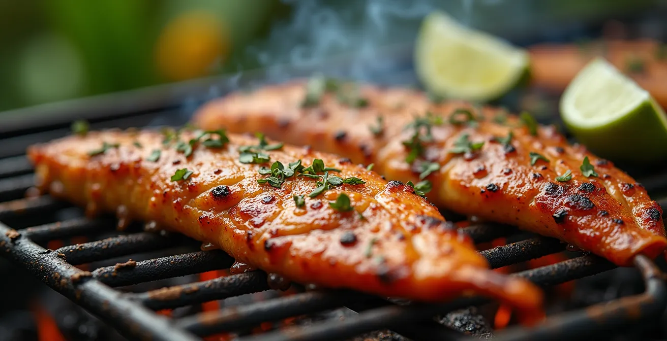 Chef créole préparant un barbecue de poissons dans le jardin d'une villa seychelloise