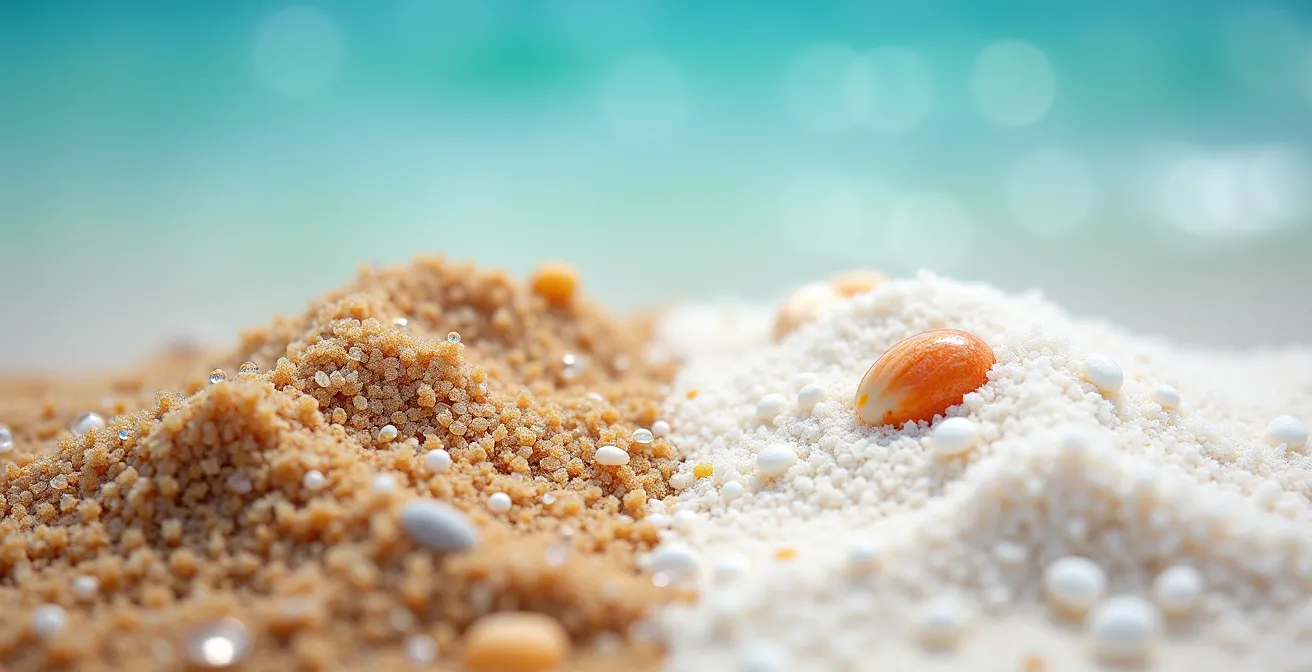 Vue macro détaillée montrant la différence entre sable granitique et corallien