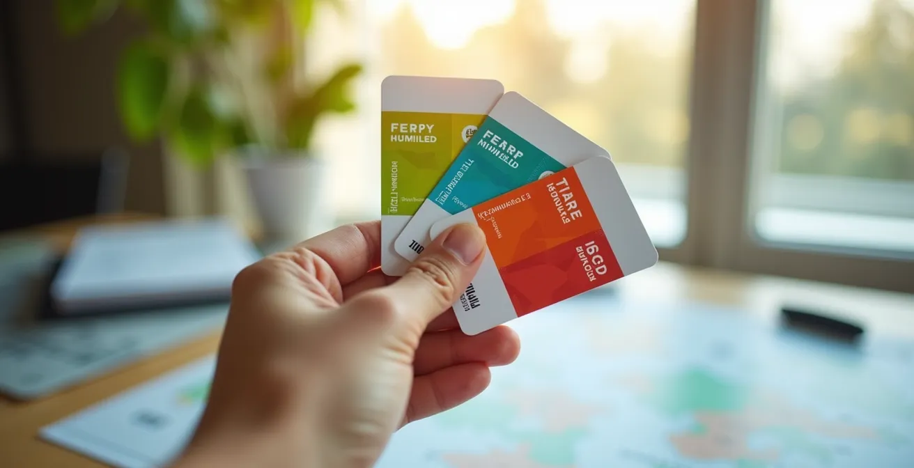 Main tenant trois cartes de ferry avec codes couleur montrant différents niveaux de flexibilité