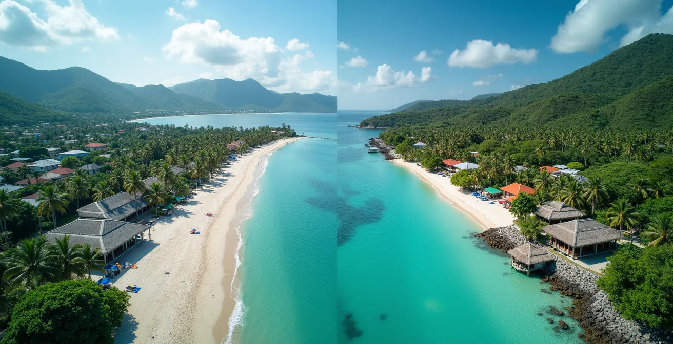 Vue aérienne contrastée montrant la baie animée de Beau Vallon et une plage tranquille du sud de Mahé
