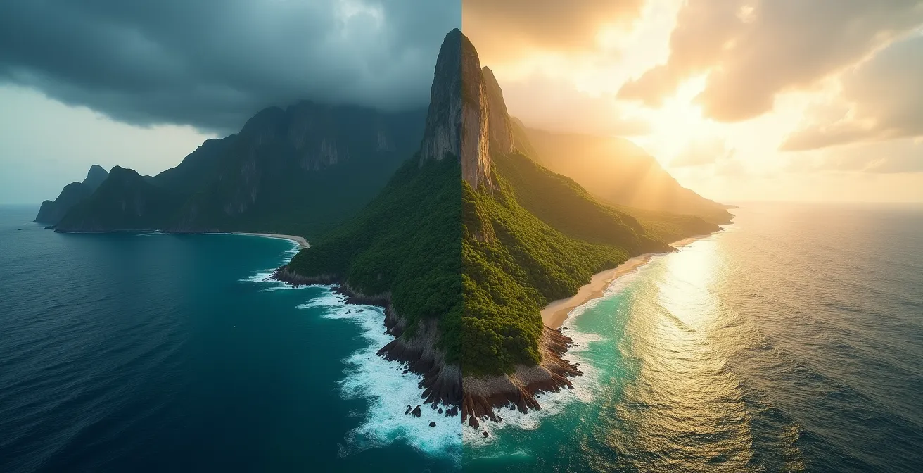 Vue aérienne montrant le contraste météorologique sur une île des Seychelles