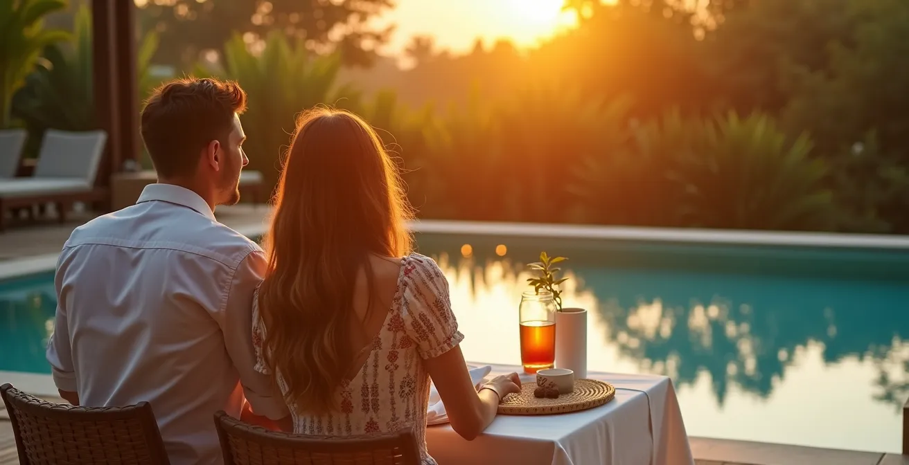 Terrasse de villa au lever du soleil avec piscine privée et table dressée pour le petit-déjeuner