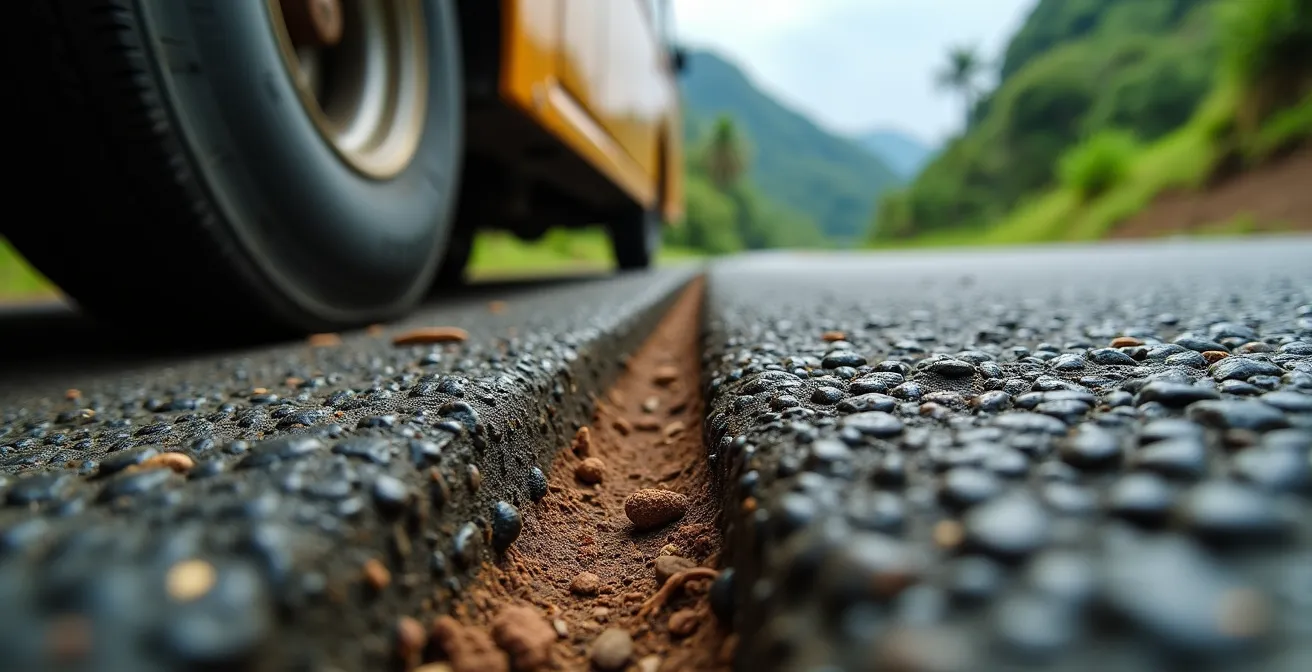 Route de montagne étroite aux Seychelles avec un bus et une voiture se croisant, fossé visible sur le côté