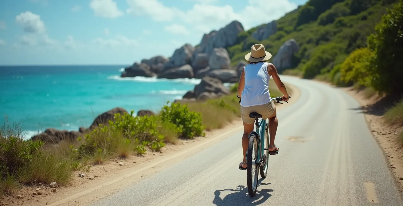 Cycliste sur une route côtière de Praslin aux Seychelles avec vue sur l'océan