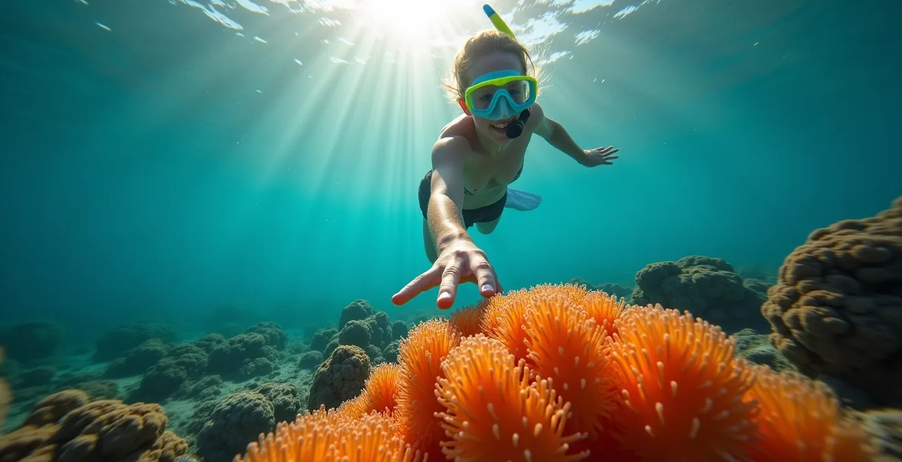 Vue sous-marine montrant un corail de feu aux teintes orangées dans une eau cristalline