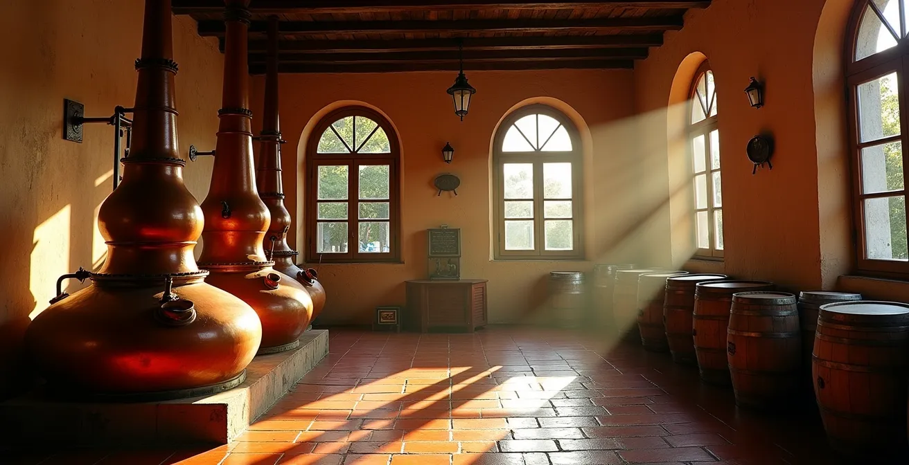 Vue intérieure d'une distillerie artisanale dans une maison créole restaurée avec alambics en cuivre
