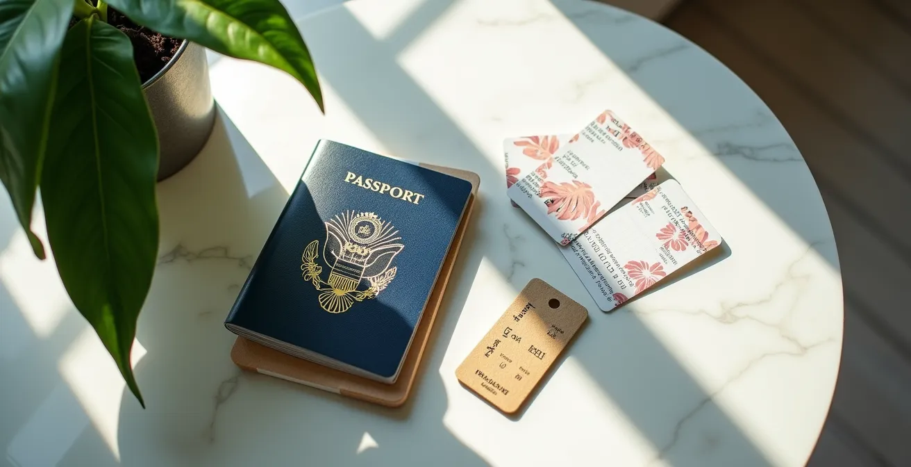 Bureau organisé avec passeport, billets d'avion et documents de voyage disposés harmonieusement