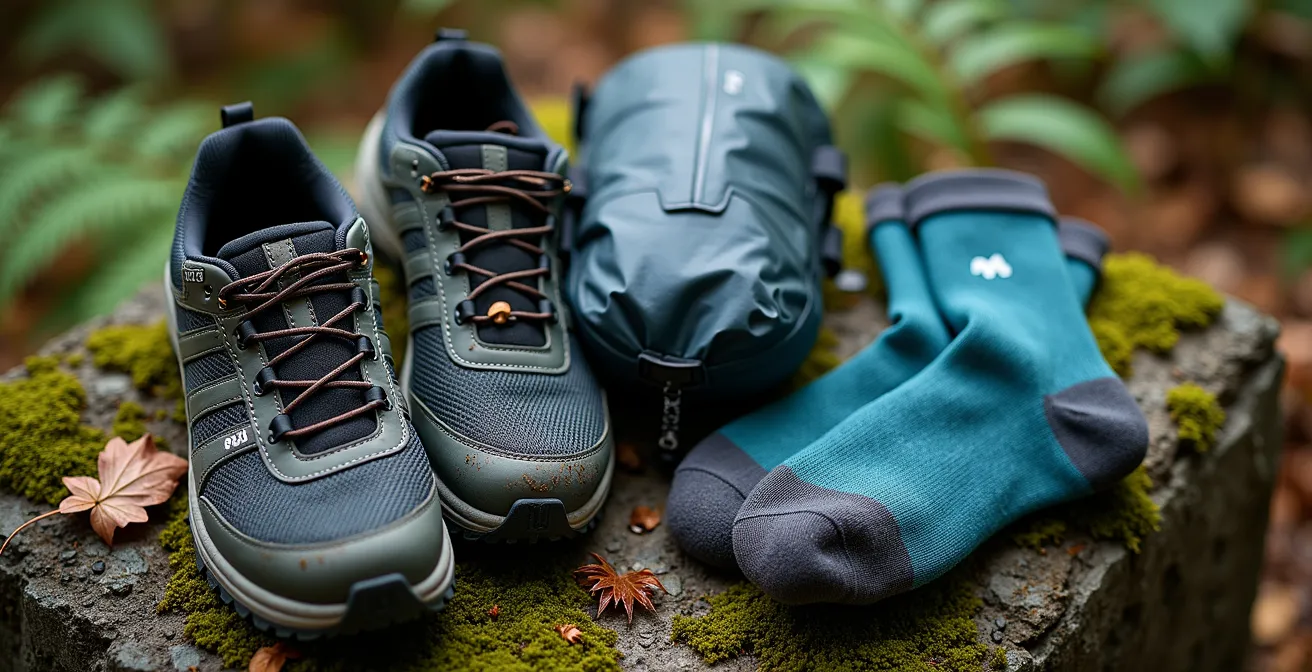 Équipement de randonnée tropicale disposé sur un rocher dans la forêt humide