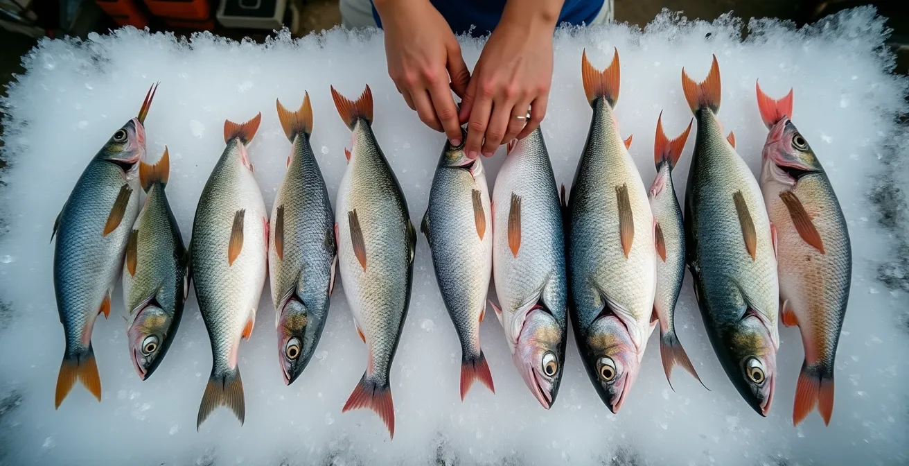 Vue plongeante d'un étal de poissons frais sur glace pilée au marché tropical