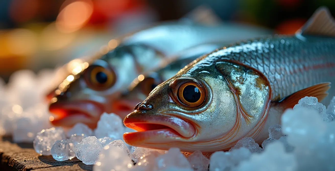 Détails macro de poissons tropicaux frais sur glace à l'étal du marché
