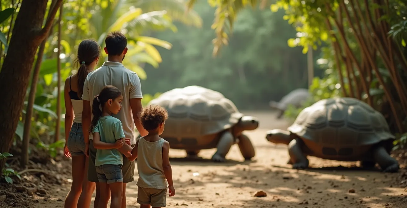 Famille en excursion bateau observant les tortues géantes sur l'île Curieuse