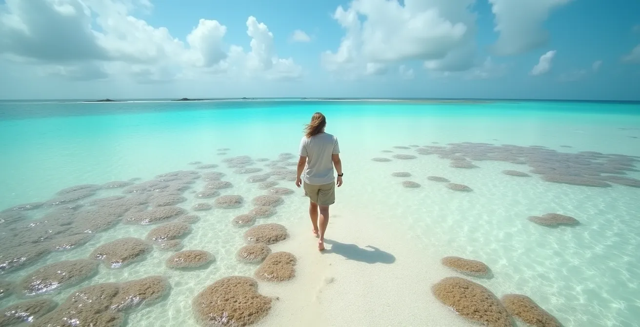Marcheur solitaire traversant un platier récifal exposé à marée basse avec lagon turquoise en arrière-plan