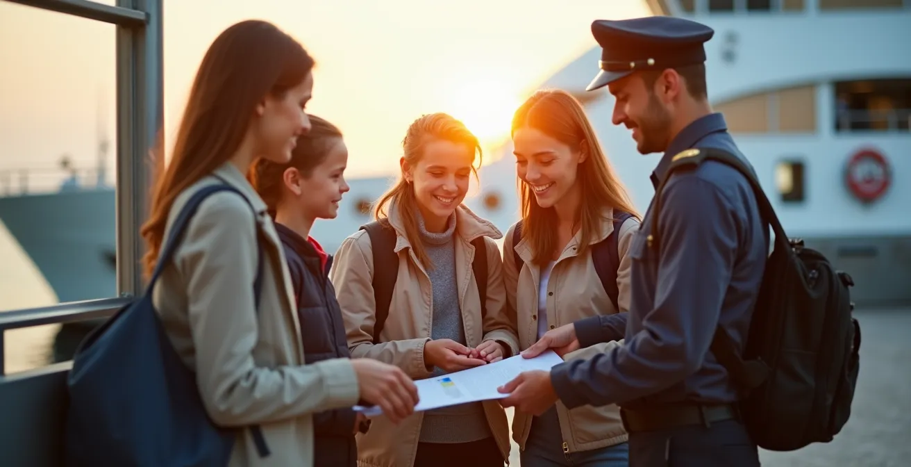 Famille avec enfants montrant documents au contrôle d'embarquement du ferry