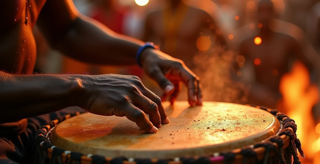 Touristes observant respectueusement une performance de danse traditionnelle moutya lors du Festival Kreol