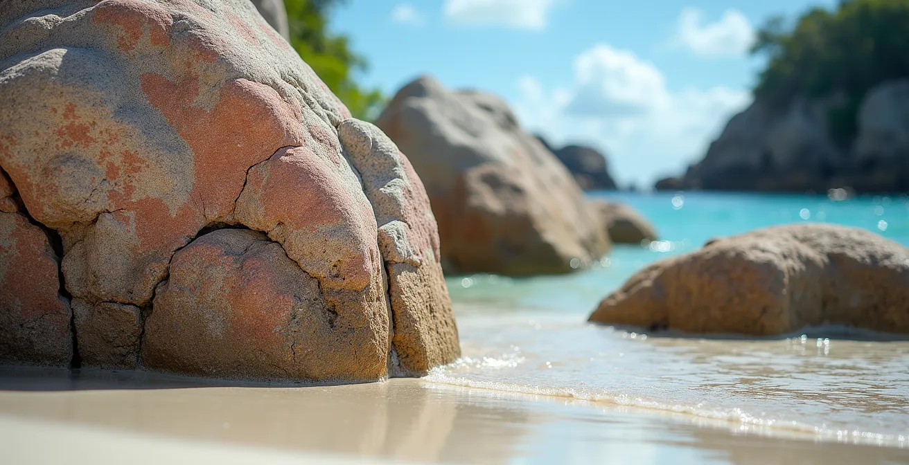 Formations rocheuses granitiques spectaculaires des Seychelles avec blocs arrondis caractéristiques sur une plage de sable blanc