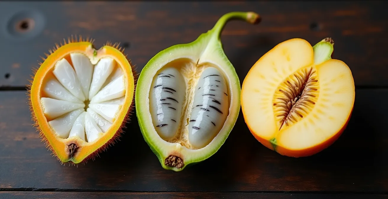 Gros plan sur trois fruits tropicaux coupés en deux montrant leurs textures intérieures distinctes