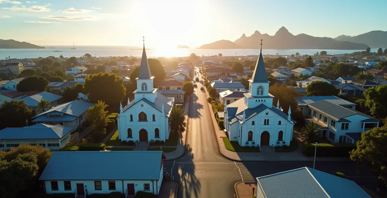 Vue aérienne de Victoria montrant la proximité des différents lieux de culte