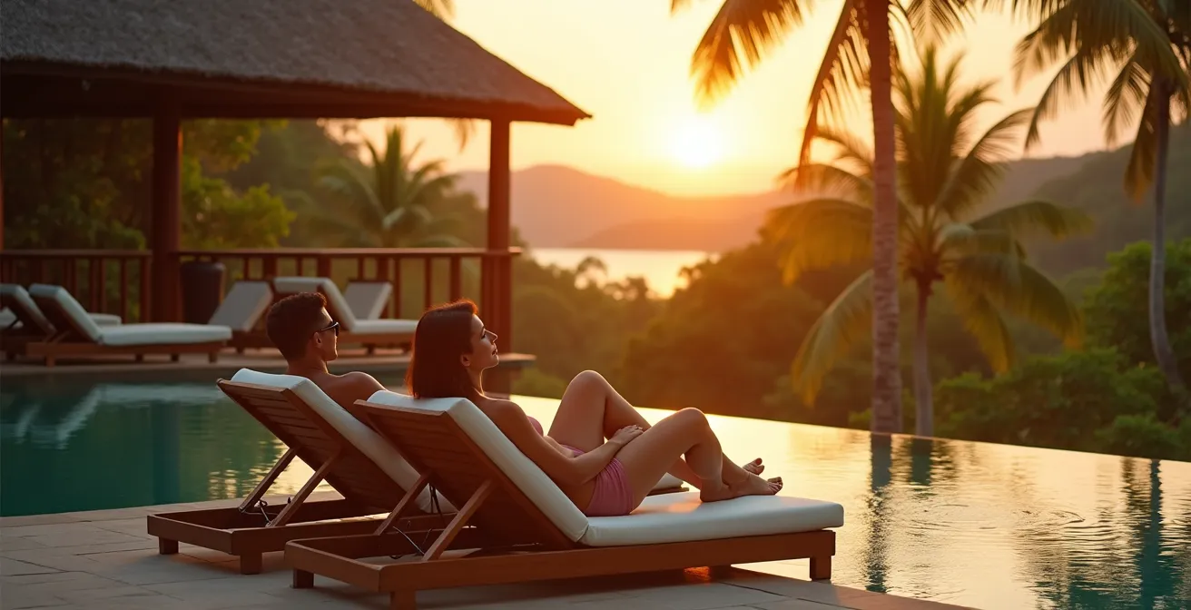 Piscine privée d'un hôtel adults-only entourée de végétation luxuriante au coucher du soleil