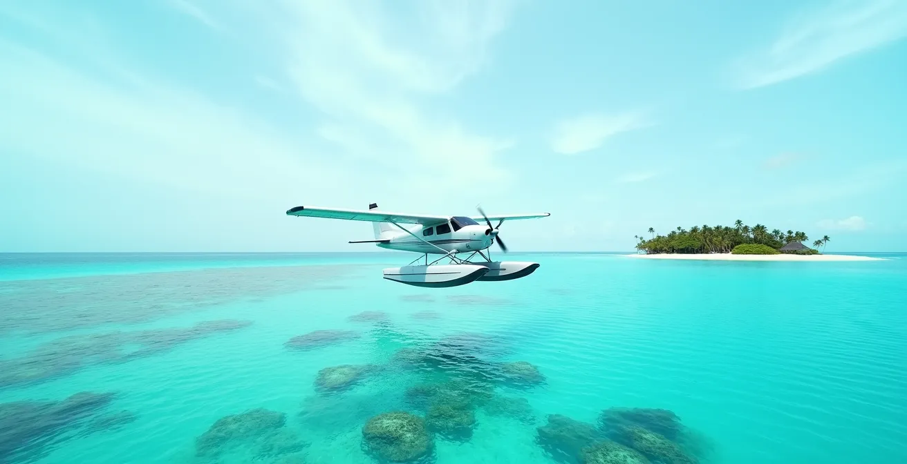 Hydravion survolant les eaux cristallines des atolls extérieurs des Seychelles