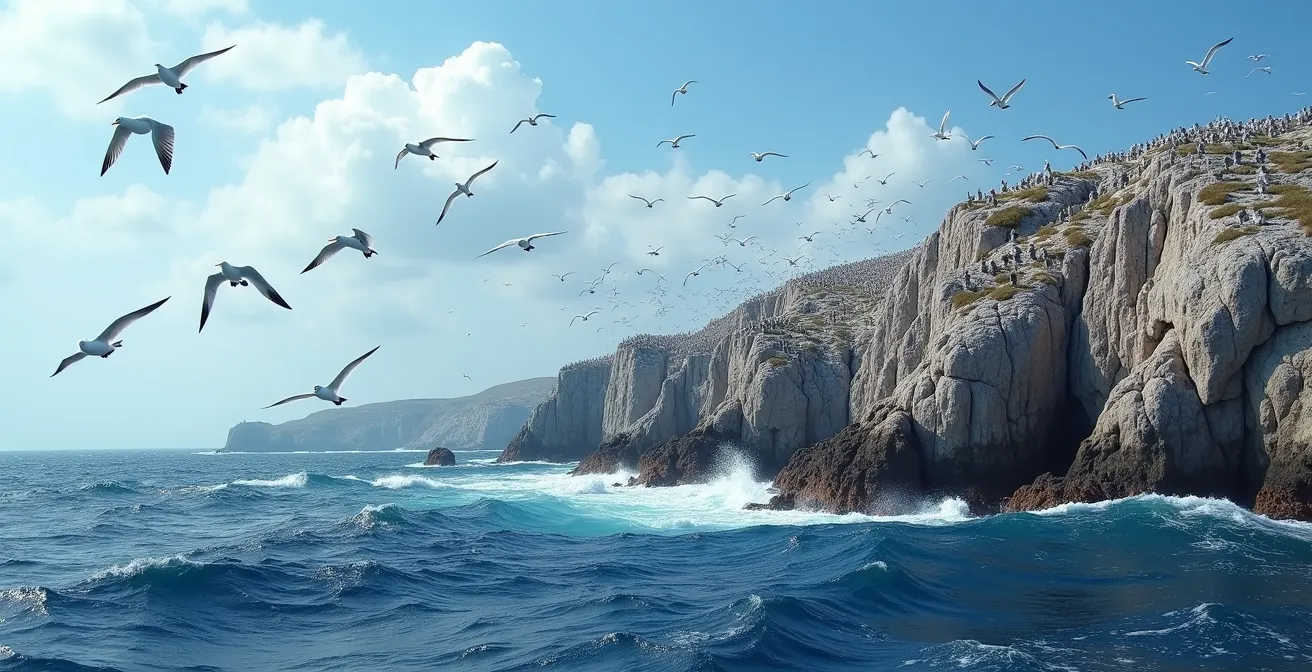 Colonie massive d'oiseaux marins sur les falaises d'Aride avec sternes et noddis en vol au-dessus de l'océan