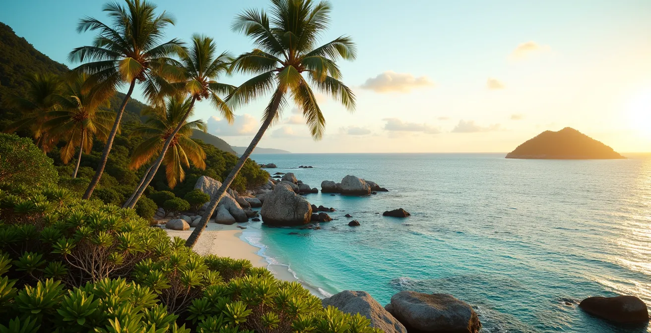 Vue panoramique de l'île Curieuse montrant les palmiers coco de mer dans leur habitat naturel