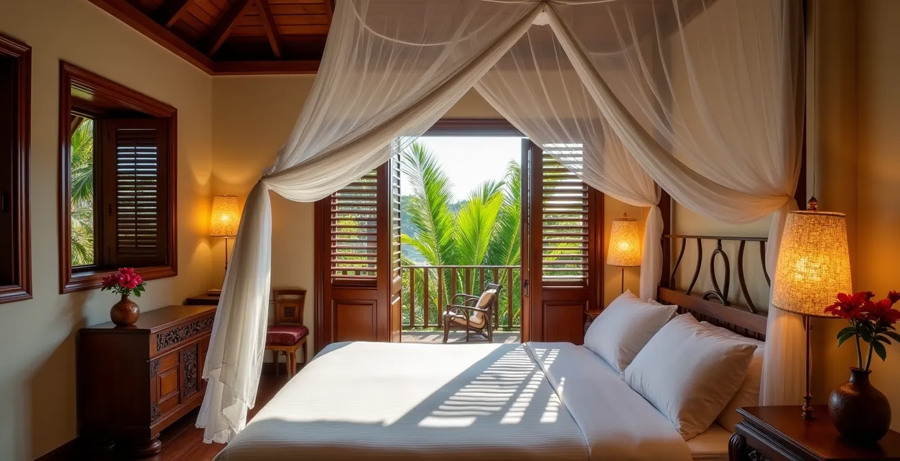 Chambre d'une guesthouse décorée avec artisanat créole et vue jardin tropical