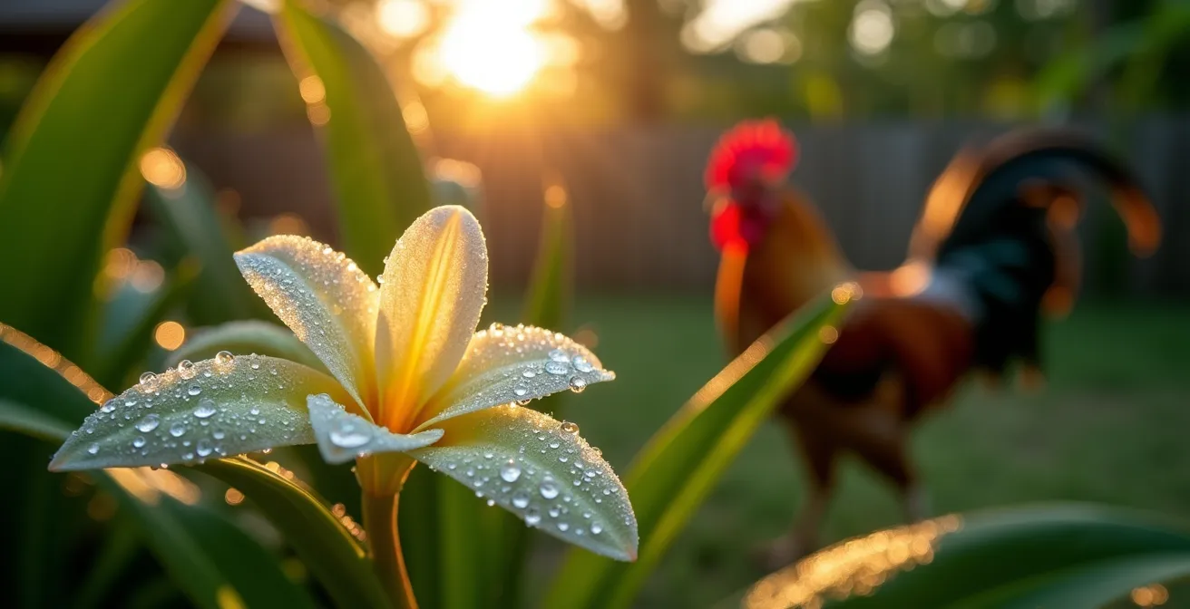Jardin tropical d'une guesthouse au lever du jour avec végétation luxuriante