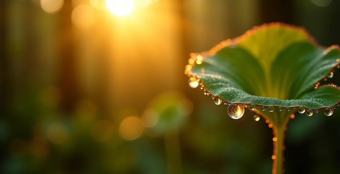 Lumière dorée du matin filtrant à travers la canopée d'une forêt tropicale humide