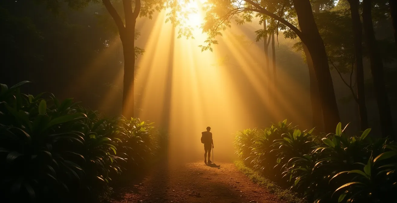Vue atmosphérique de la jungle des Seychelles au lever du soleil avec lumière dorée filtrant à travers la canopée brumeuse