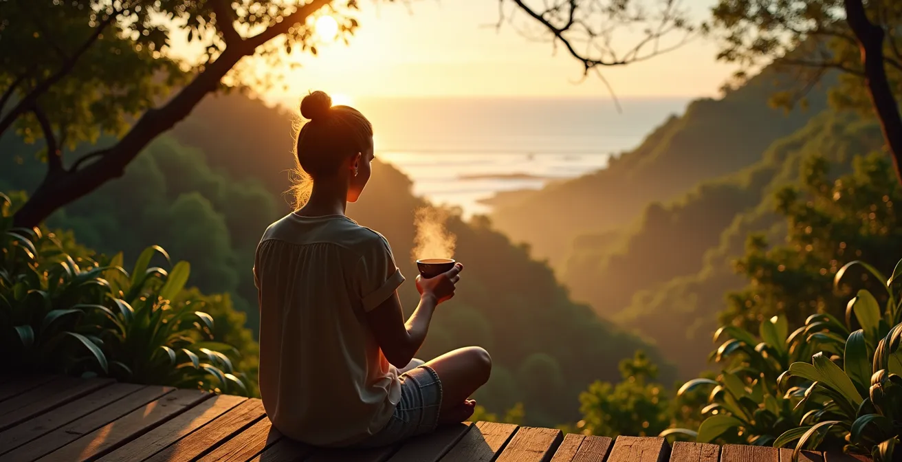 Vue panoramique depuis une terrasse dans les hauteurs verdoyantes de La Digue au lever du soleil