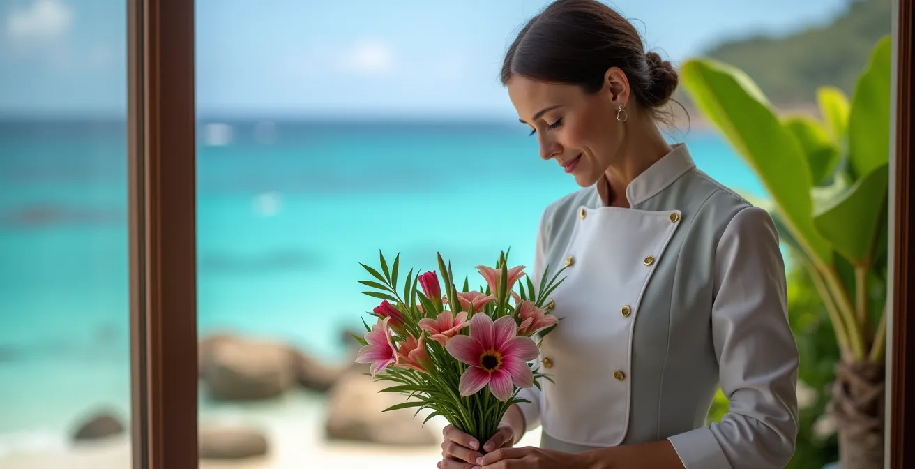 Majordome préparant une expérience personnalisée dans une villa de luxe aux Seychelles