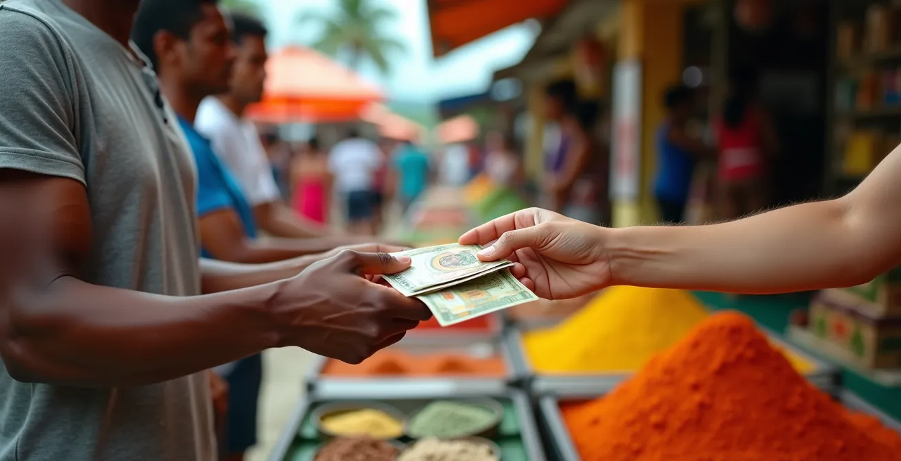 Marché animé de Victoria aux Seychelles avec échanges commerciaux traditionnels