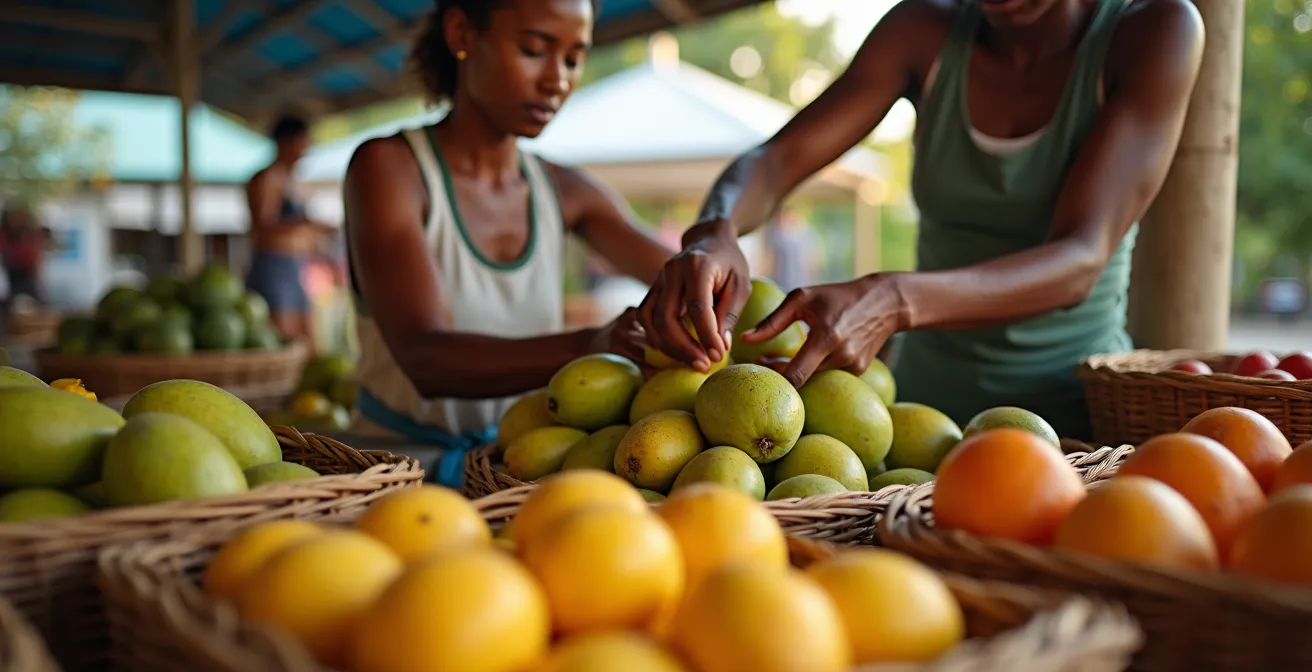 Vendeurs locaux préparant leurs étals de fruits tropicaux aux premières heures du matin