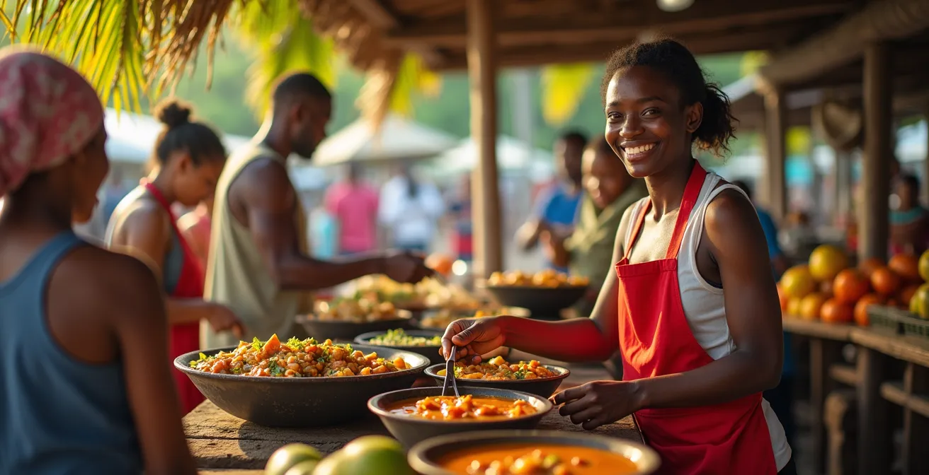 Ambiance du marché local avec stands de cuisine créole à Praslin