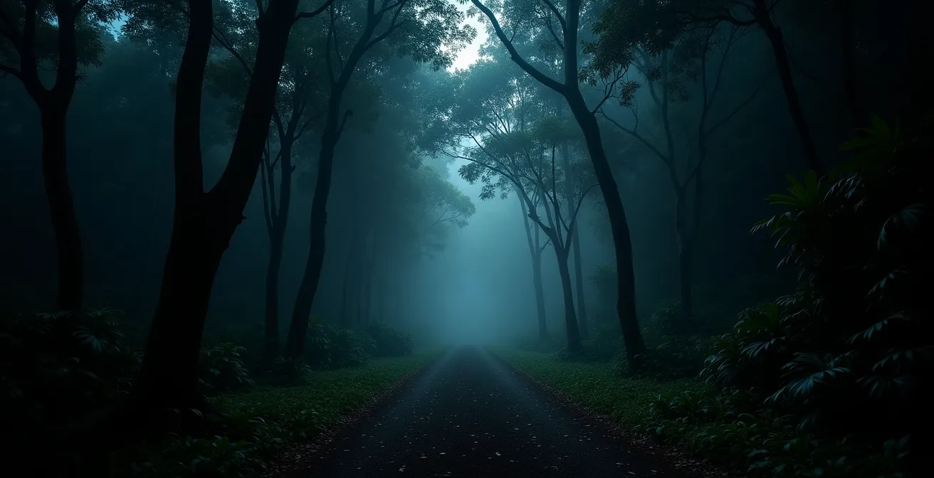 Forêt de takamaka seychelloise plongée dans l'obscurité avec rayons de lune filtrant à travers les feuilles