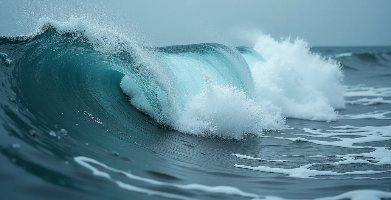 Vue aérienne de l'océan Indien agité pendant la mousson avec vagues puissantes et ciel nuageux