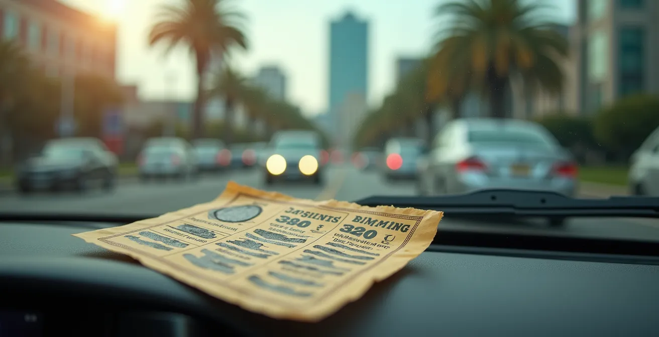 Parking à Victoria aux Seychelles montrant des voitures garées avec système de coupon visible sur tableau de bord