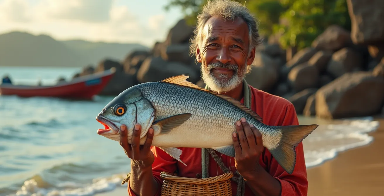 Pêcheur seychellois présentant sa prise du jour sur une plage au lever du soleil